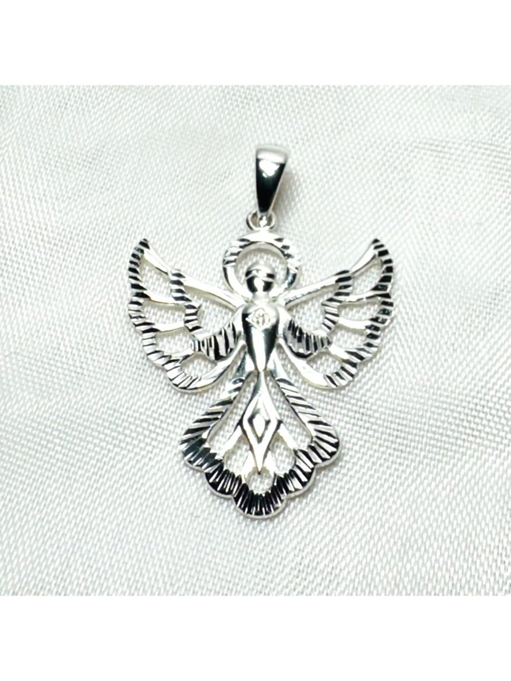 Natural Diamond and Sterling Silver 925 Guardian Angel Pendant Size 1.25''L